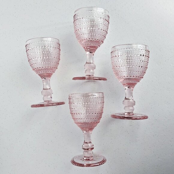 Set of 4 Textured Pink Wine Water Glasses Bubble Pearl Stem Glassware - Picture 4 of 4
